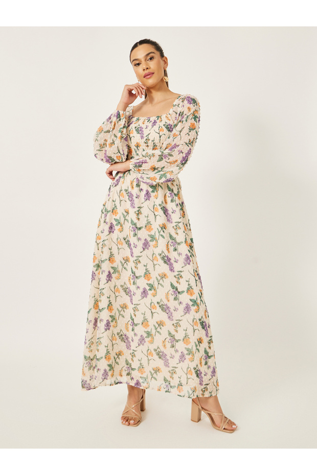 Floral Print Balloon Sleeves A-Line Maxi Dress