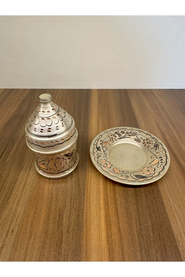 Kahve Seti 6 Kişilik Bakır Üzerine Gümüş Kaplama Eskitme Bakır İşleme Oval Tepsili - 7