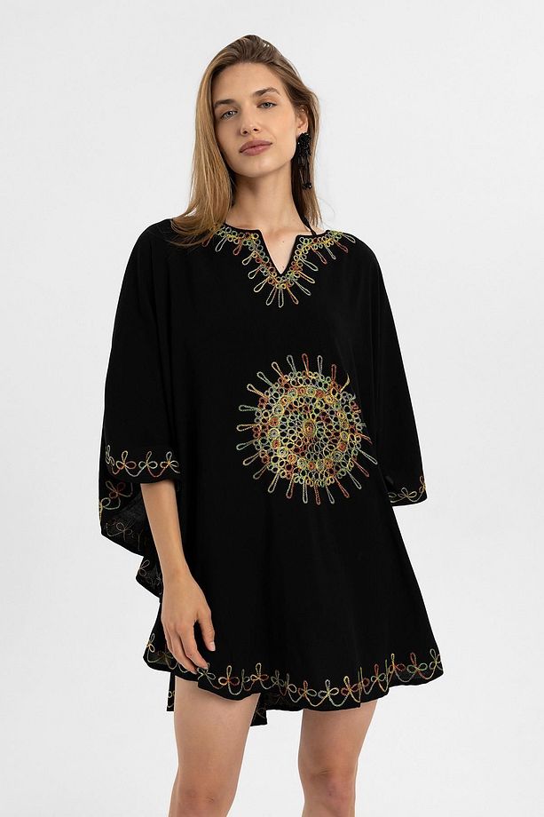 Siyah Şile Bezi Yarasa Kollu Işlemeli Kısa Yazlık Astarsız Plaj Pamuklu Kaftan Elbise - 2