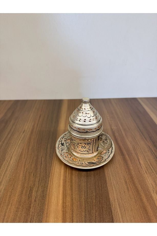 Kahve Seti 6 Kişilik Bakır Üzerine Gümüş Kaplama Eskitme Bakır İşleme Oval Tepsili - 5