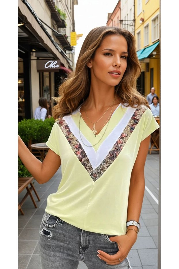 Women's V-Neck Short Sleeve Anti-Sweat T-Shirt / Blouse Yellow White 3247187