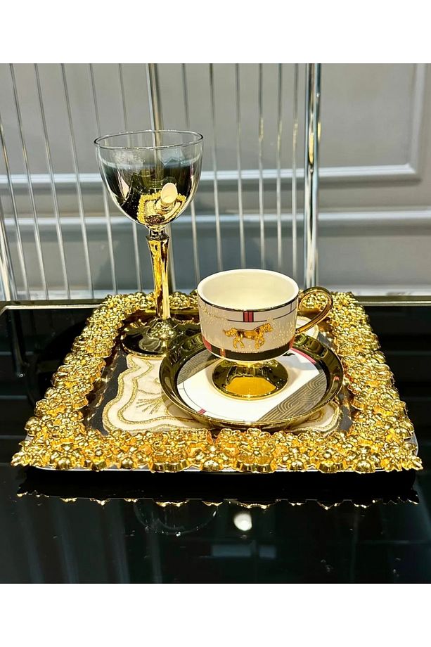 6 Adet Tek Kişilik Metal Gold Döküm Çay Kahve Sunum Tepsisi - 1