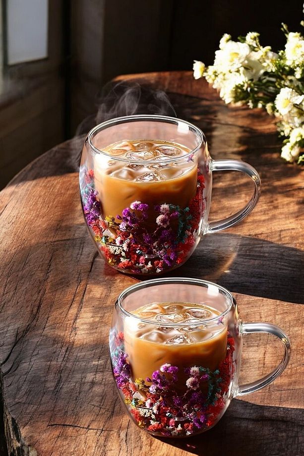 Çift Cidarlı 250 ml Kulplu Cam Kupa 2'li | Çiçekli Şeffaf Kahve ve Çay Bardağı - 1