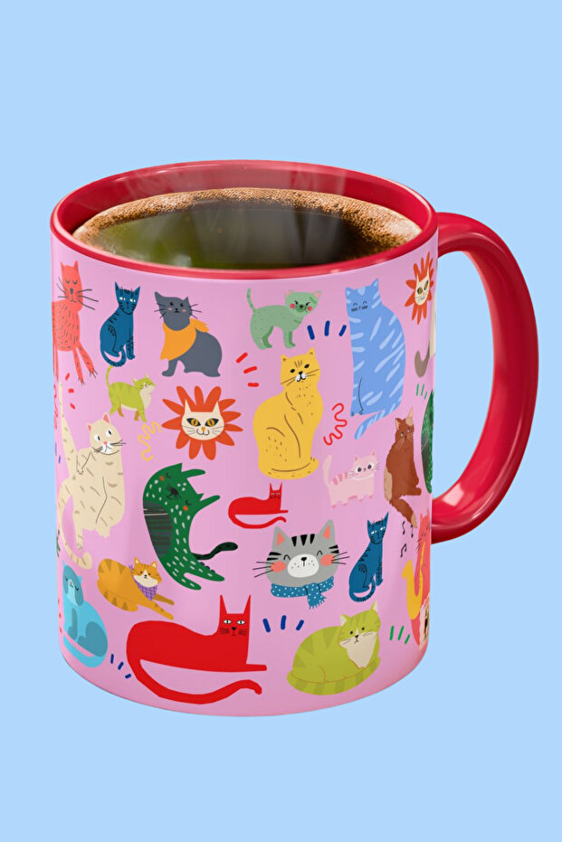 Meow Club Themed Colorful Cat Design Porcelain Mug