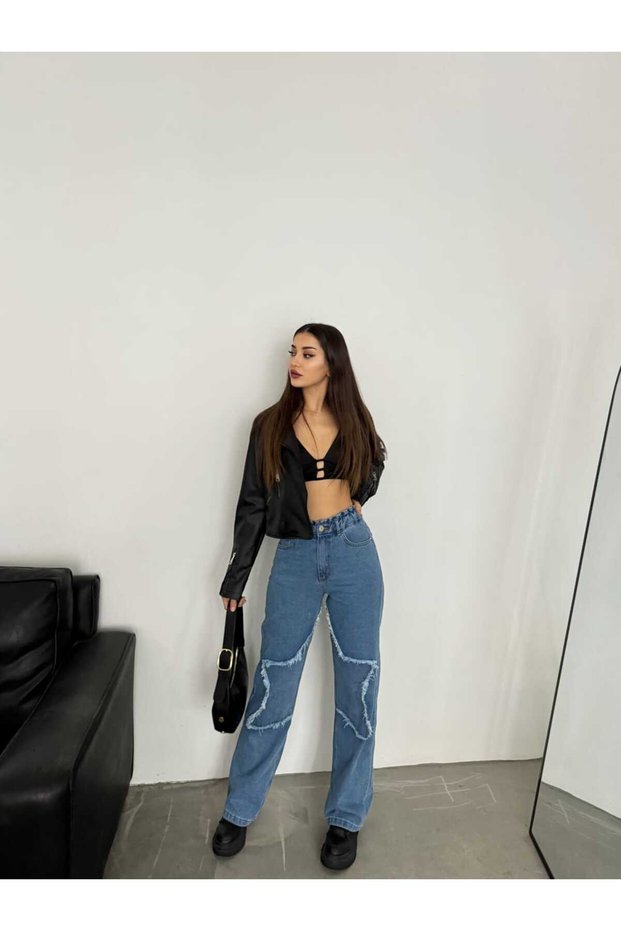 Kn Leg Star Embroidered Boyfriend Wide Leg Women's Jeans