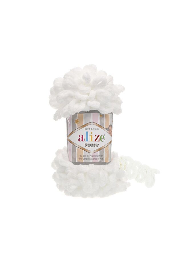 Puffy 55 Hand Knitted Yarn - Hand Knitted White Baby Blanket - 1