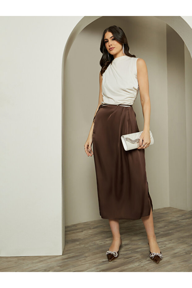 Pleated Satin Midi Skirt with Side Slit Detail