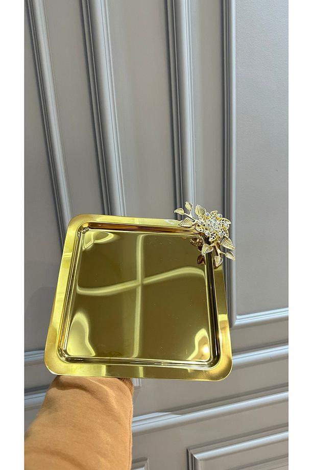 6 lı Metal Tek Kişilik Taşlı Gold Kahve Çay Sunum Tepsi - 1