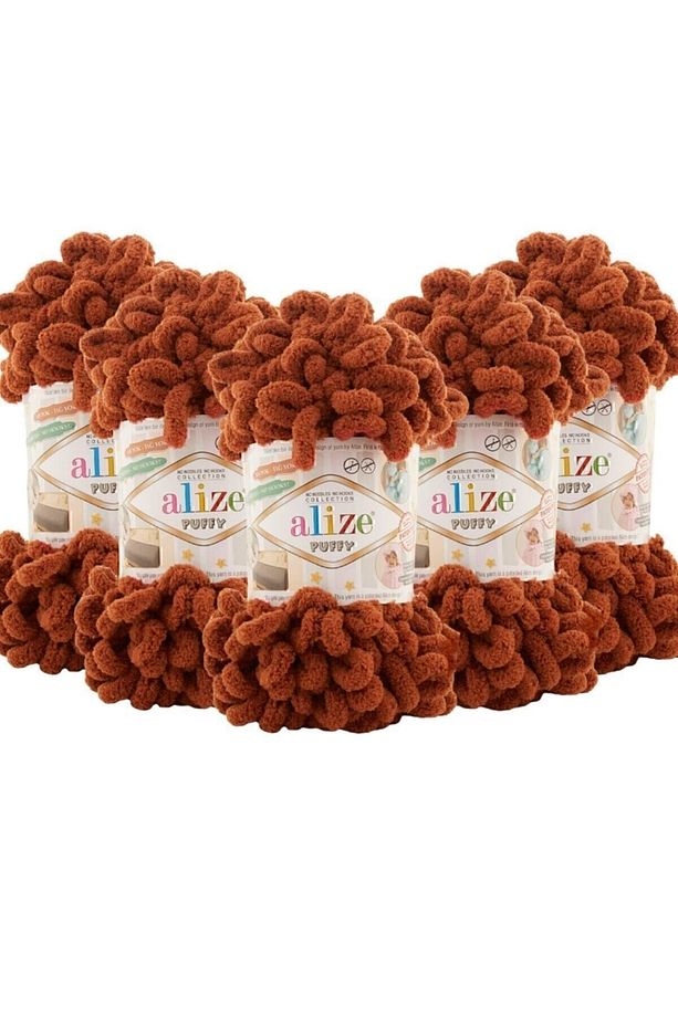 (5 Adet ) Puffy 597 El Örgü Ipliği 5'li Paket - 597 Tarçın - 100 Gr. 9 Mt. Parmak Örgü Ipi - 1