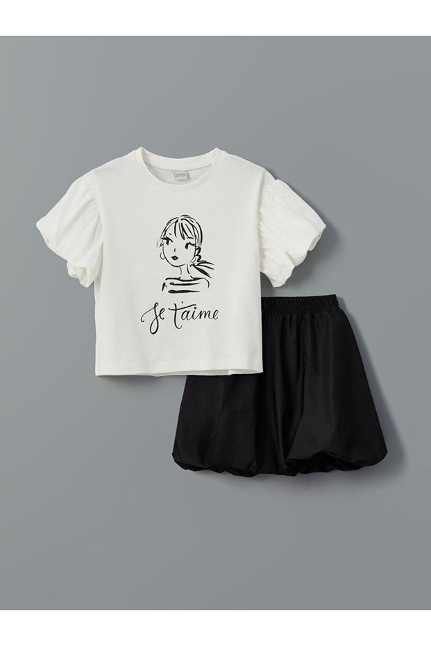 Lcw Kids Ecru Crew Neck Girls T-Shirt and Skirt