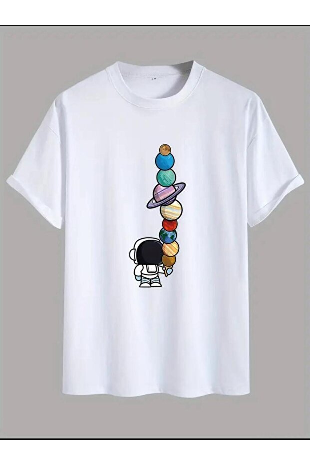 Astronaut Printed Men's Cotton Combed Crew Neck White T-Shirt