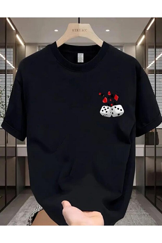 Double Dice Printed Men's Cotton Combed Crew Neck Black T-Shirt