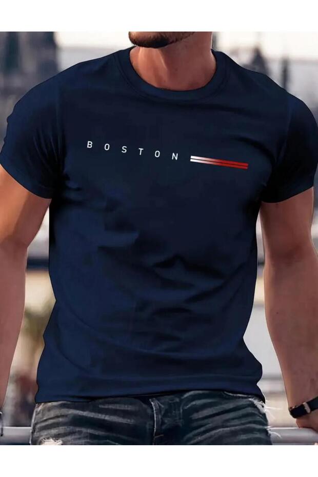 Boston Printed Men's Cotton Combed Crew Neck Navy Blue T-Shirt