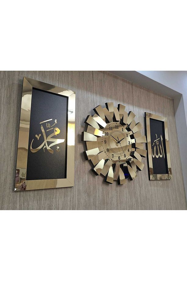 3 lü Duvar Saati  Piyano Model Allah Muhammed Lafzı Tablo 3 Boyutlu Aynalı Pleksi Türk Rakam Gold - 5