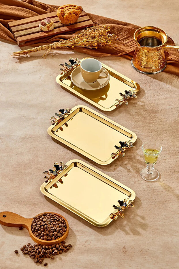 3 Pieces Elegante Gold Series Duo Luna Nera Handle Patterned Presentation Tray | Promise Engagement Tray 22X16Cm