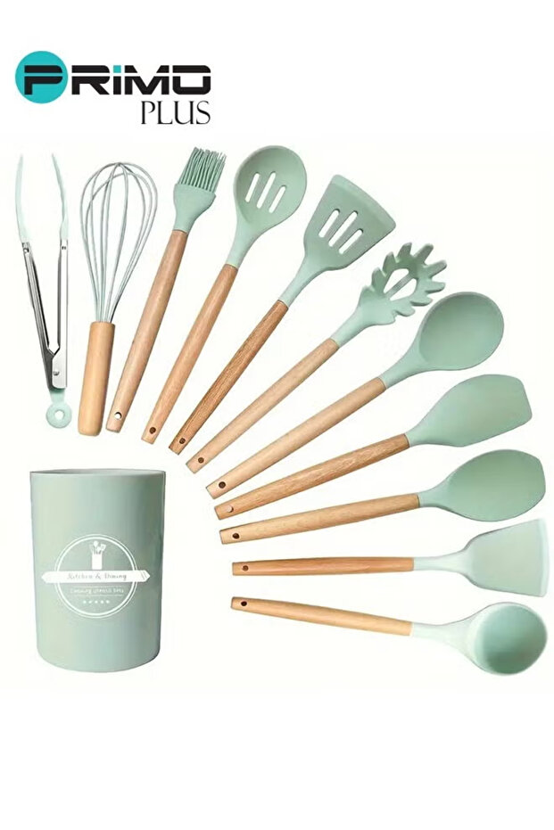 طقم أدوات مائدة سيليكون مع حامل بلاستيكي باللون الأخضر - 1