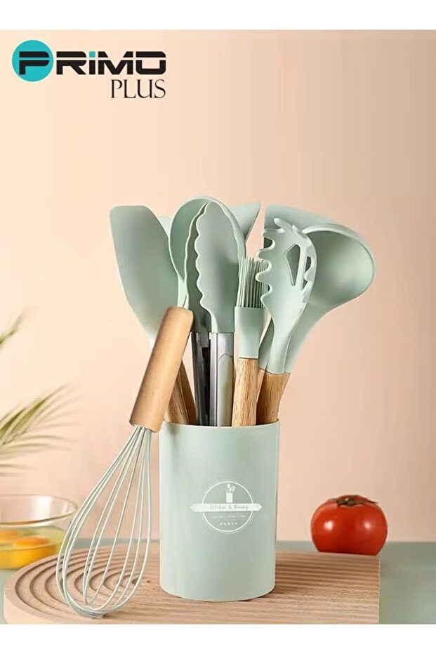 طقم أدوات مائدة سيليكون مع حامل بلاستيكي باللون الأخضر - 2