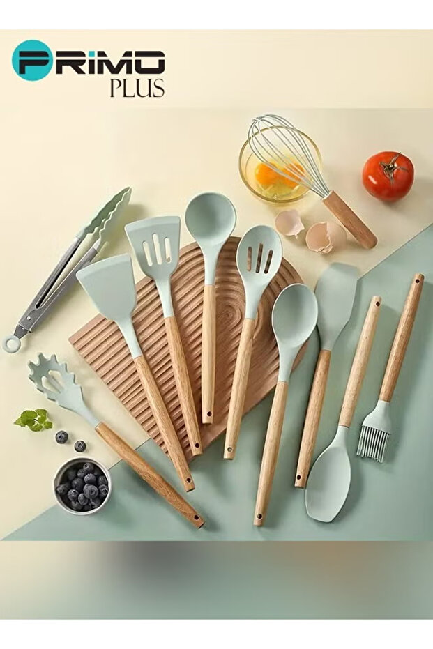 طقم أدوات مائدة سيليكون مع حامل بلاستيكي باللون الأخضر - 3