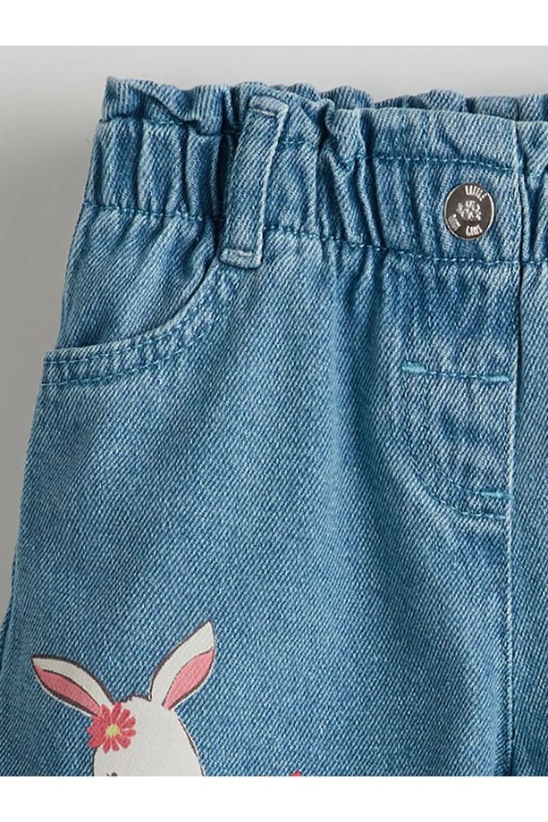 LCW Kids Mavi Beli Lastikli Baskılı Kız Çocuk Jean Şort - 3