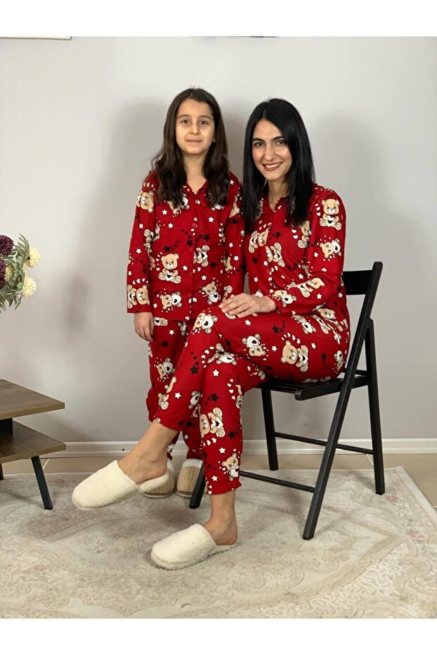 Mother Daughter Combination Front Buttoned Baby Collar 100% Cotton Teddy Bear Patterned Pajama Set (Red) - 2