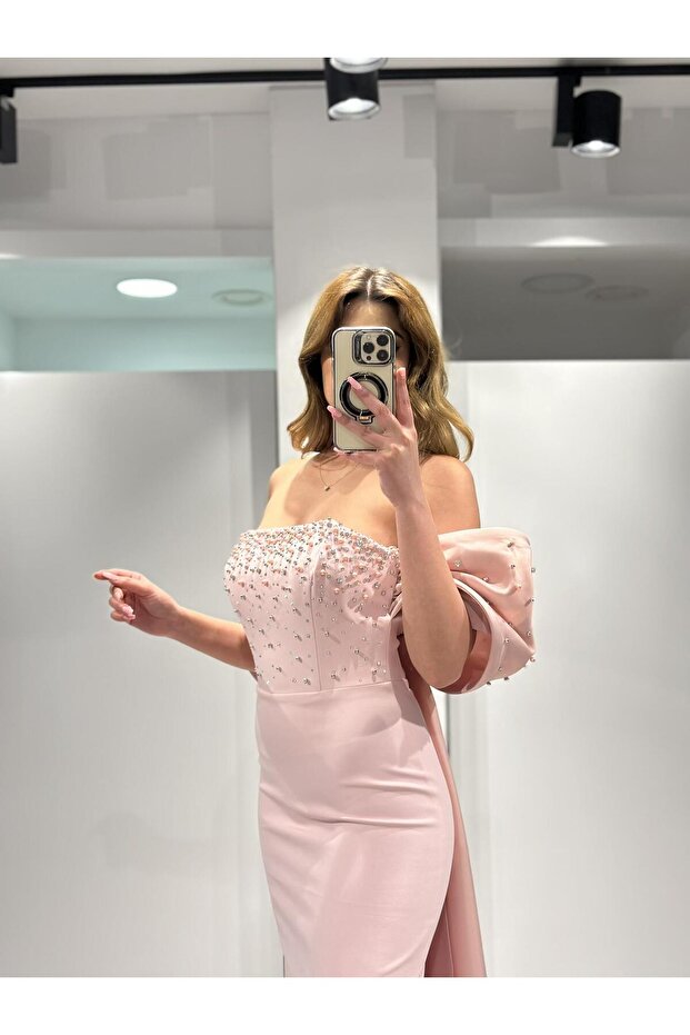 Pembe İnci Çakma Detaylı Krep Abiye Elbise RK5200 - 5