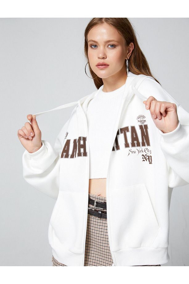 Şardonlu Fermuarlı Sweatshirt Oversize Kapüşonlu Kolej Baskılı Kanguru Cepli - 2