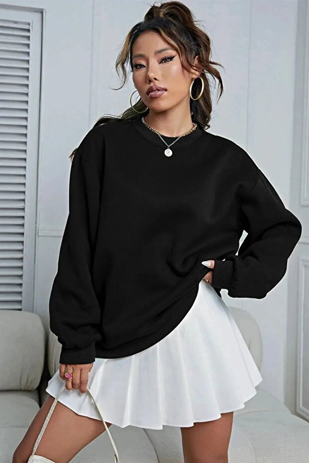 Pamuklu Unisex Oversize Basic Siyah Bisiklet Yaka Sweatshirt - 1
