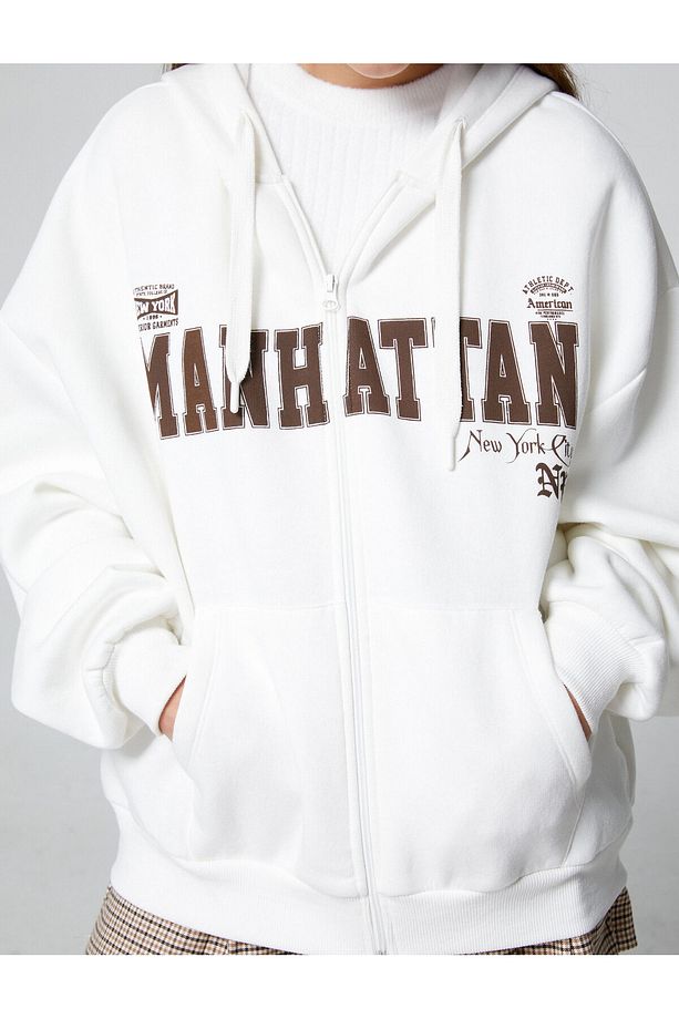 Şardonlu Fermuarlı Sweatshirt Oversize Kapüşonlu Kolej Baskılı Kanguru Cepli - 5