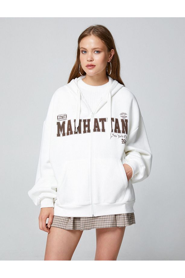Şardonlu Fermuarlı Sweatshirt Oversize Kapüşonlu Kolej Baskılı Kanguru Cepli - 3