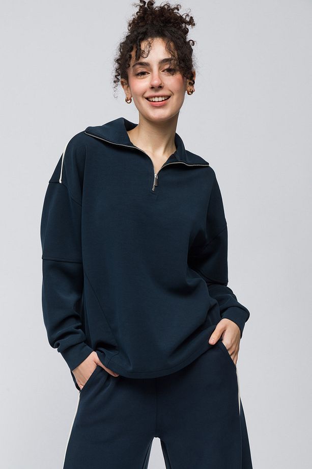 Lugo - Tek Biyeli Oversize Yakası Fermuar Detaylı Önü Kısa Arkası Uzun Modal Sweatshirt - Lacivert - 1