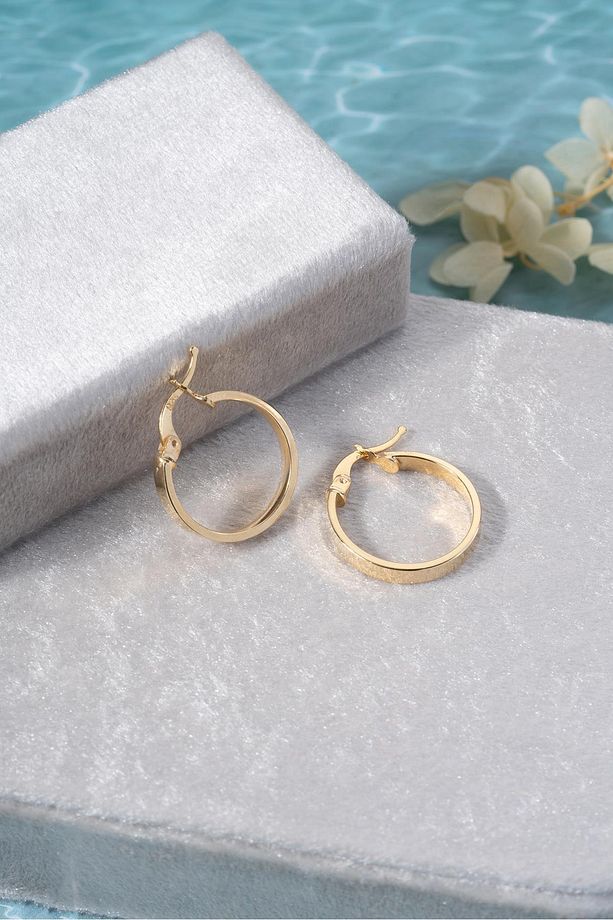 925 Ayar Gümüş Gold Kaplama Düz Sade 20 mm Halka Şarnel Küpe - 3