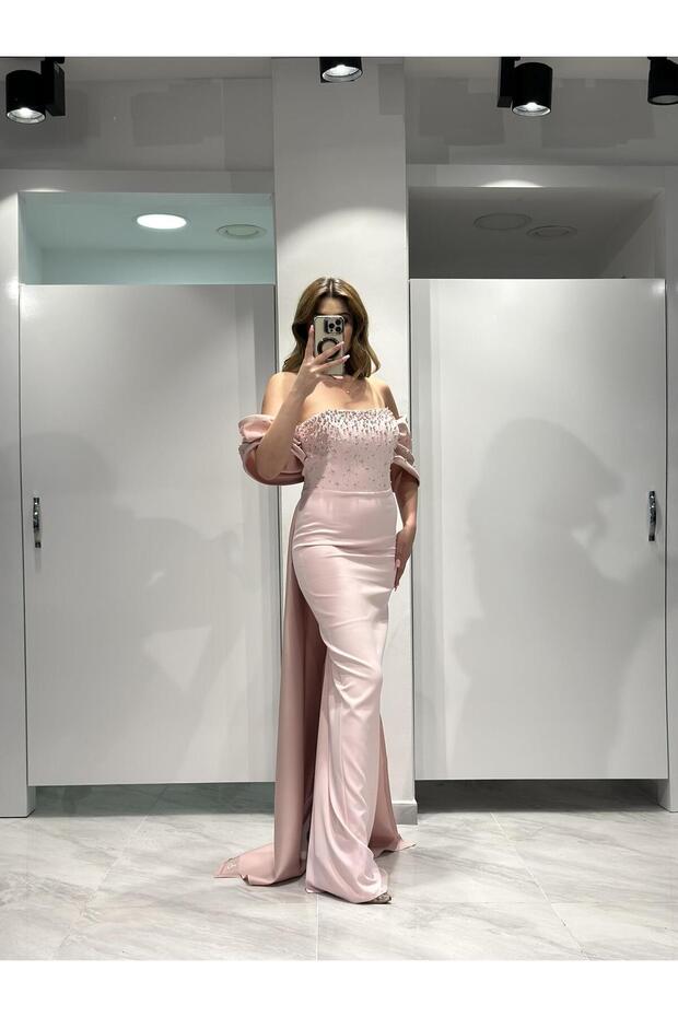 Pembe İnci Çakma Detaylı Krep Abiye Elbise RK5200 - 3