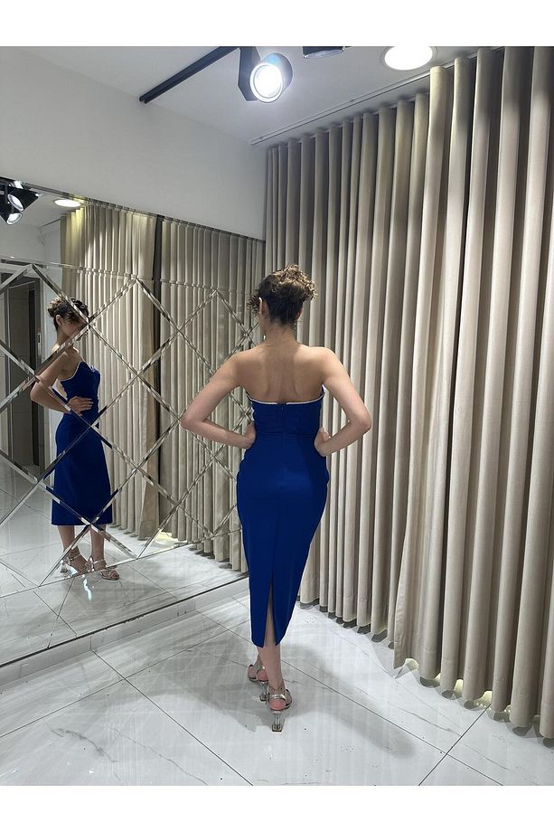 Saks Midi Boy Balık Model Krep Kumaş Yakası Taş Işlemeli Abiye Elbise Ht8410 - 6