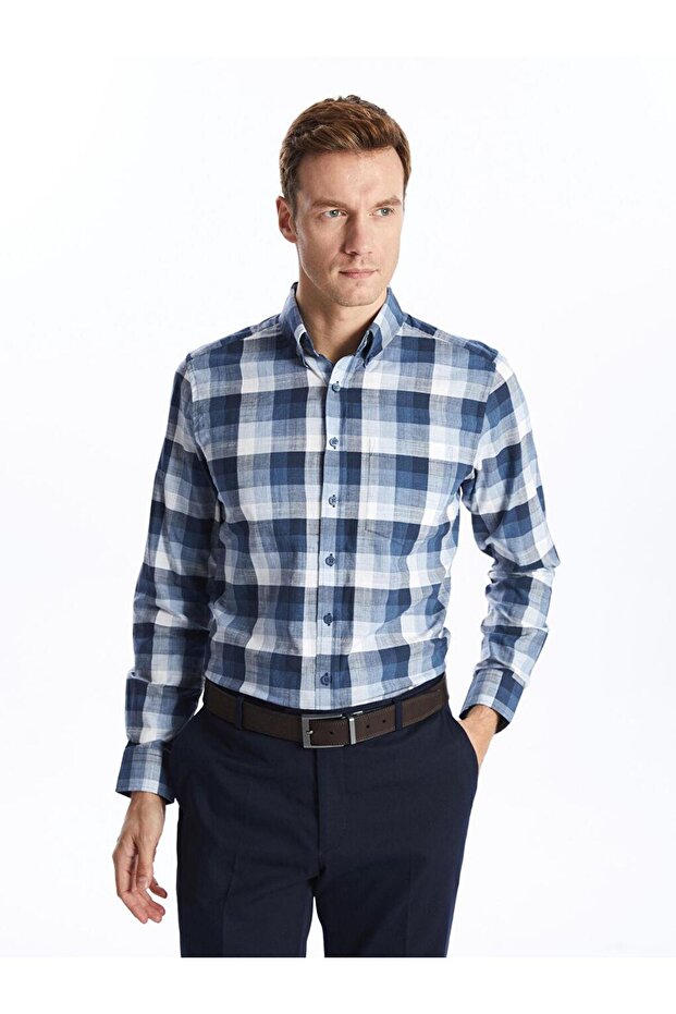 Regular Fit Uzun Kollu Ekose Poplin Erkek Gömlek - 1