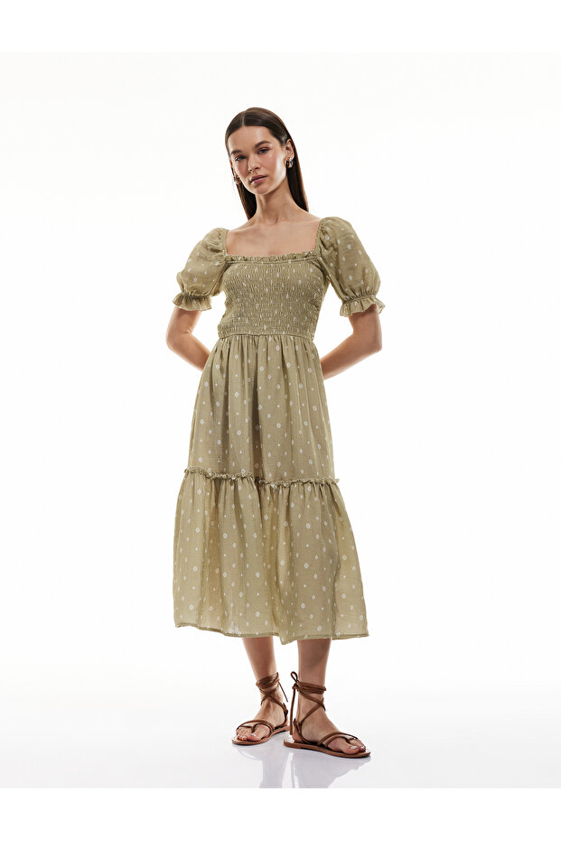 Cotton Short Balloon Sleeve Gimped Polka Dot Layered Long Dress