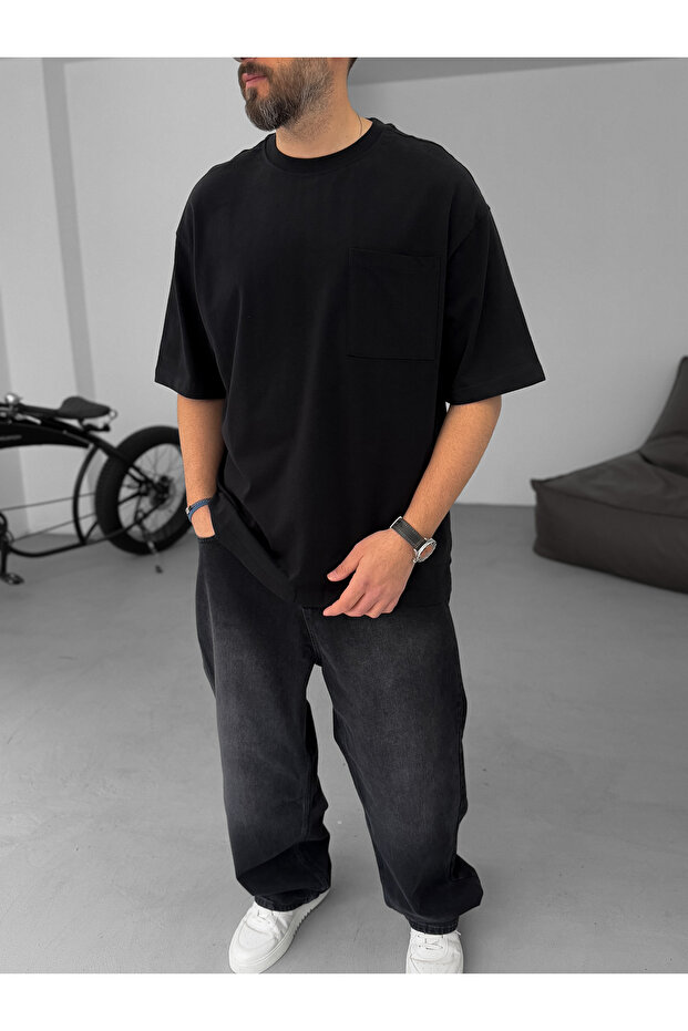 Black Single Pocket Basic Oversize T-Shirt C-049