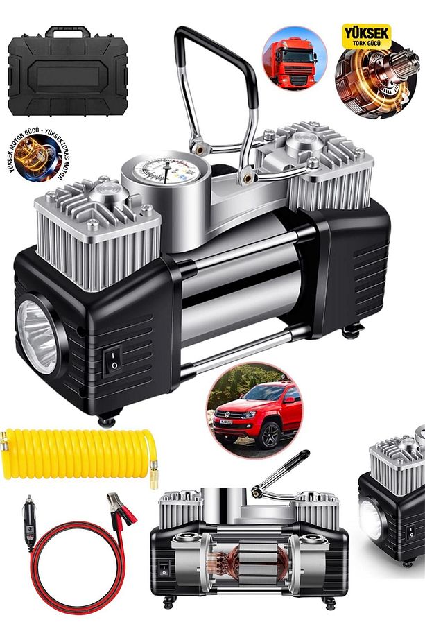 Profesyonel Çift Pistonlu 12V 185 Psi Dakikada 85Lt Araç Araba Lastik Bot Şişirme Kompresörü - 2