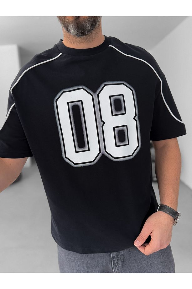 Siyah 08 Baskılı Biyeli Oversize T-Shirt C-061 - 4