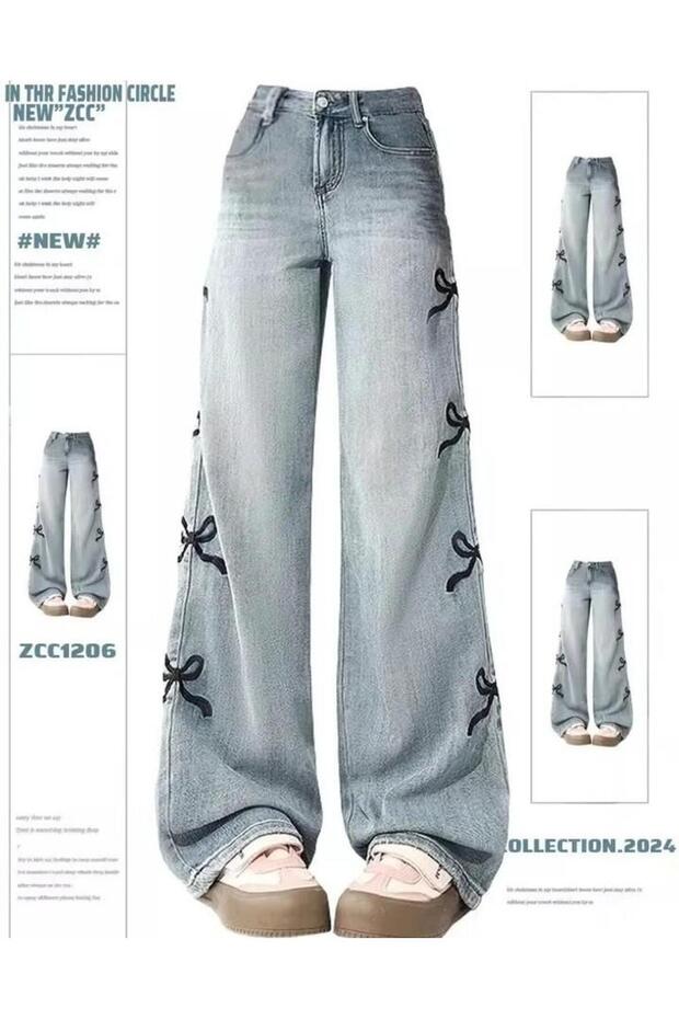 Y2k Ribbon Detail Bol Paça Yıkamalı Pantolon Jean - 3