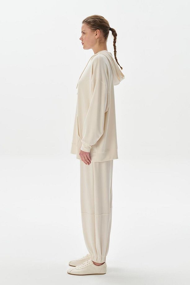 Modal Örme Kapüşonlu Oversize Sweatshirt Ekru - 5