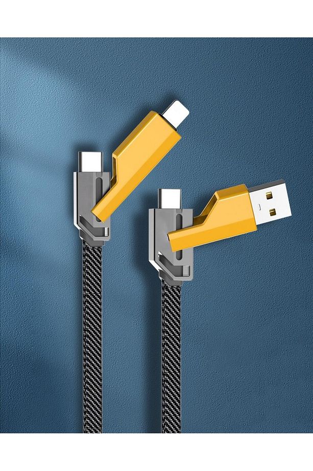 4İN1 Type-C  Lightning USB Şarj Kablosu 1.5 MT 100W/5A Data Aktarım Kablosu Işıklı Hasır Şarj Kablo - 1