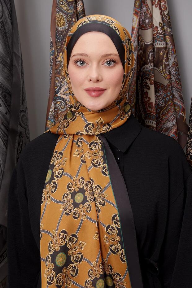 Turuncu Barok Desen Hint İpeği Şal - 5