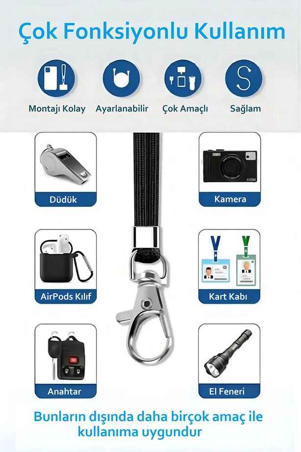 Tüm Telefon Modellerine Uyumlu Ayarlanabilir Montajı Kolay Sağlam Boyun ve Bilek Askı İpi Siyah - 9