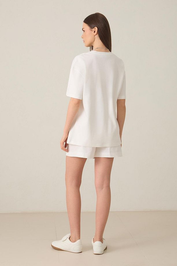 Ekru %100 Pamuklu Bisiklet Yaka Basic Kısa Kollu Oversize T-Shirt - 6