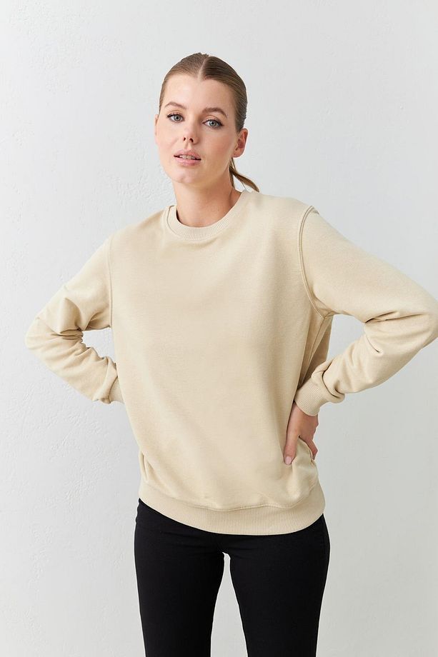Koyu Bej Basic Bisiklet Yaka Uzun Kollu Sweatshirt - 1
