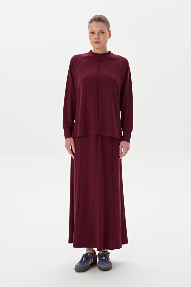 Modal Knitted Fishnet Skirt Blouse Set Burgundy