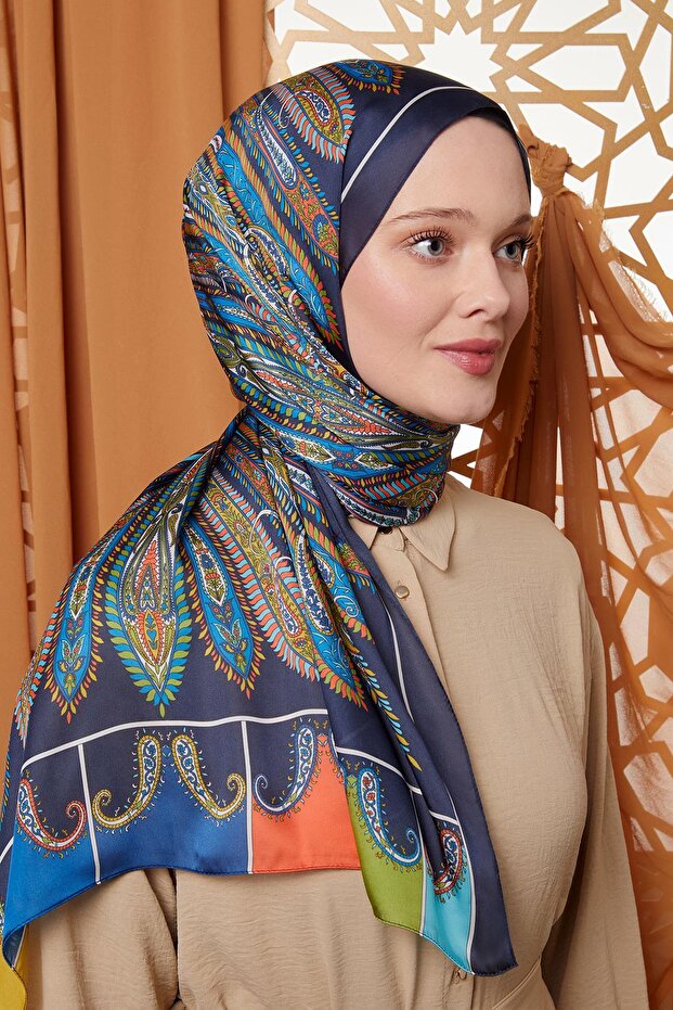 K.Navy Blue Circular Indian Silk Shawl