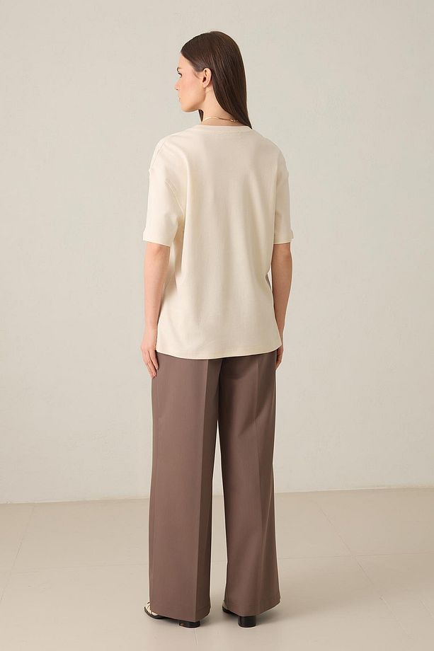 Krem %100 Pamuklu Bisiklet Yaka Basic Kısa Kollu Oversize T-Shirt - 5