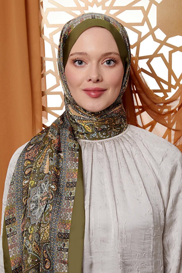 Haki Çini Desen Hint İpeği Şal - 3