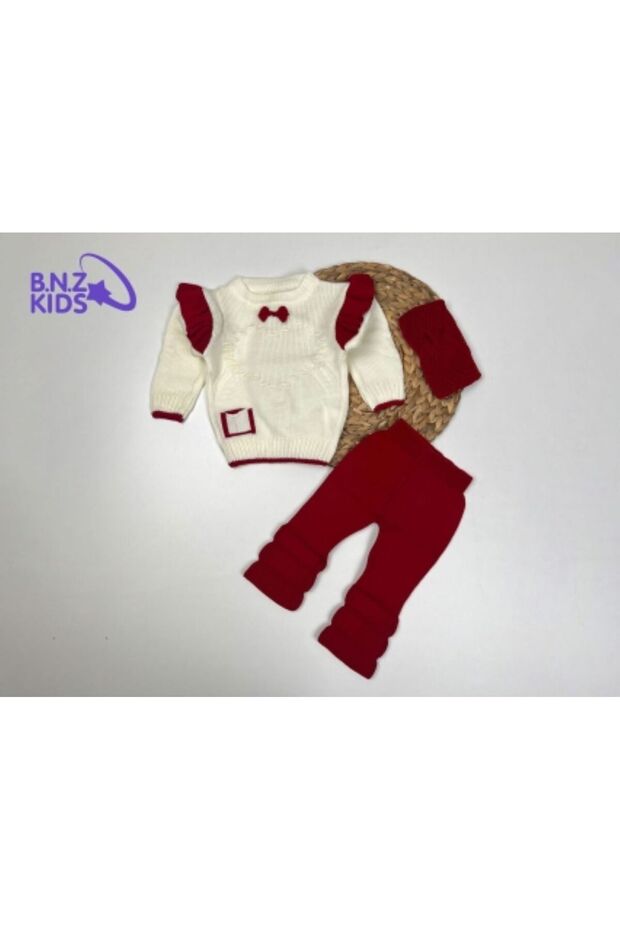 Omzu Fırfırlı Kız Triko Örme Bebe Takım - 1
